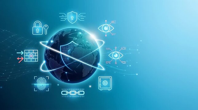 A serene digital environment with a soft blue background sets the stage, featuring a glowing globe at the center. As the animation begins, subtle icons related to digital security gently drift into vi