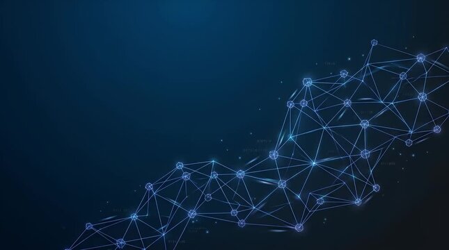 The scene opens in a dimly lit environment, displaying a vast digital space filled with glowing network connections. As the motion begins, digital particles gently drift into view, gradually assemblin