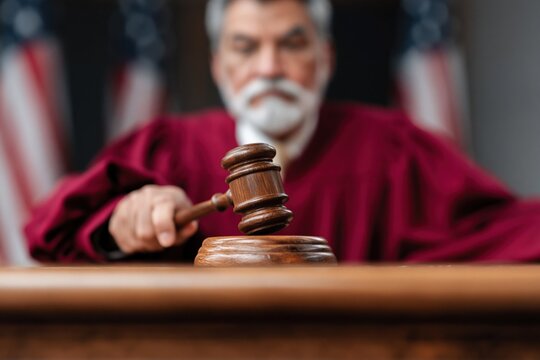 Judge bringing gavel down in courtroom with flag backdrop