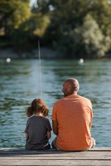 Fototapeta premium Man and child fishing while sitting on dock by lake in sunlight
