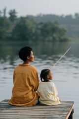 Fototapeta premium Woman and child sitting fishing on wooden dock by lake