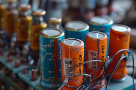 Colorful electrolytic capacitors standing on a circuit board, showcasing vintage electronic components