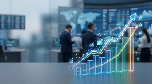 A sleek modern office environment is softly illuminated, showcasing a professional workspace filled with multiple monitors displaying various financial data. As the scene begins, a vibrant holographic
