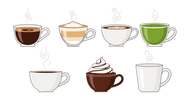 Colorful coffee cups with steam.
