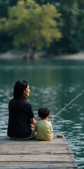 Fototapeta premium Woman and child sitting on dock fishing at lake during calm afternoon