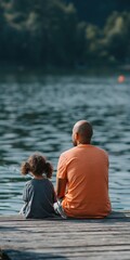 Fototapeta premium Man and child sitting side by side on lakeside dock