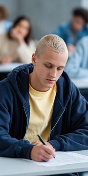 Young male student writing exam in classroom setting