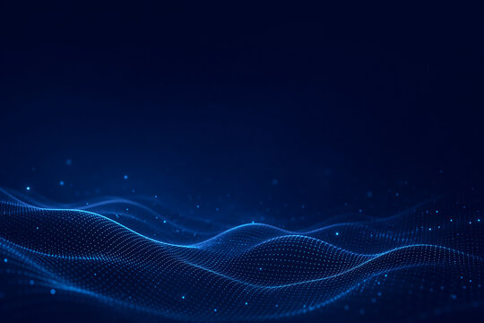 Dark navy digital data wave technology background with copy space