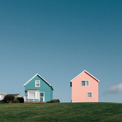 Obraz premium Two pastel houses standing on grassy hill under blue sky