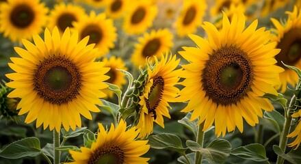 Fototapeta premium Field of Vibrant Sunflowers in Full Bloom Under Sunlight.