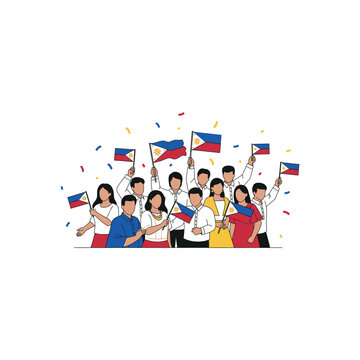 People celebrate with Philippine flags in festive atmosphere outdoors