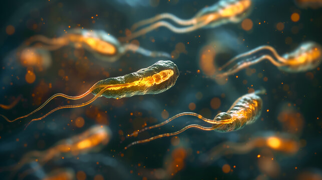 3D medical illustration of Trypanosoma parasites causing African sleeping sickness, highly detailed scientific visualization.