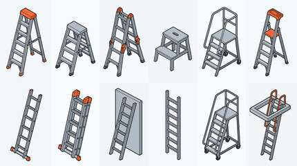 Ladders and step stools in a diverse set of designs, featuring stepladders, extension ladders, and mobile platform ladders for various tasks. © Pro seller