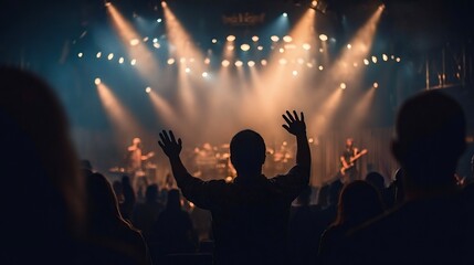 Obraz premium Audience raising hands enjoying live music concert atmosphere