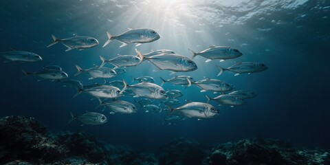 Naklejka premium School of fish swimming beneath sunlit surface in open ocean