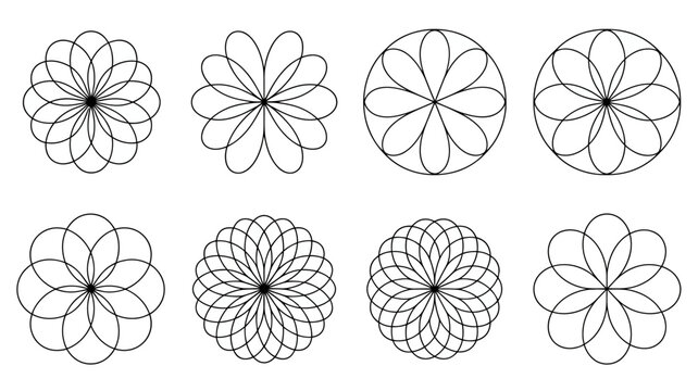 A collection of eight black and white floral inspired circular designs are displayed on a plain white background exhibiting symmetrical patterns high quality professional detailed modern