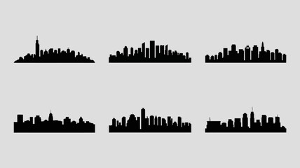 Fototapeta premium A minimalist graphic displays six distinct black city skylines against a neutral gray background showcasing urban landscapes high quality professional detailed modern elegant stylish clean crisp