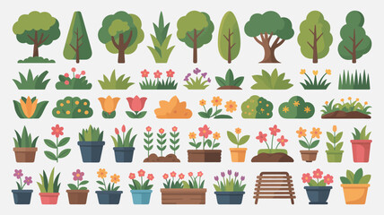 A colorful arrangement of various stylized trees shrubs flowering plants and potted plants is displayed on a light gray background high quality professional detailed modern elegant © Nargis