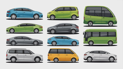 Fototapeta premium A colorful collection of various car types are displayed including sedans hatchbacks suvs and vans all shown in profile view high quality professional detailed modern elegant