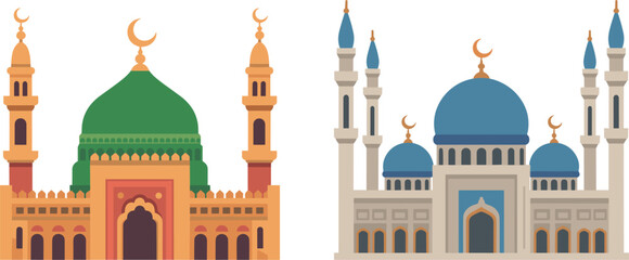 Islamic mosque set colorful architecture with domes and minarets flat vector illustration religious buildings © Sabina