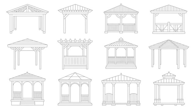 A collection of linear gazebo designs is showcased featuring various roof styles and structural details in a minimalist style high quality professional detailed modern elegant stylish