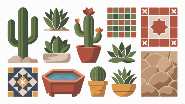 A colorful collection of southwestern desert plants and decorative tile patterns are displayed on a clean white background high quality professional detailed modern elegant stylish crisp