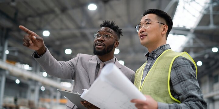 Engineer and manager reviewing plans inside industrial warehouse