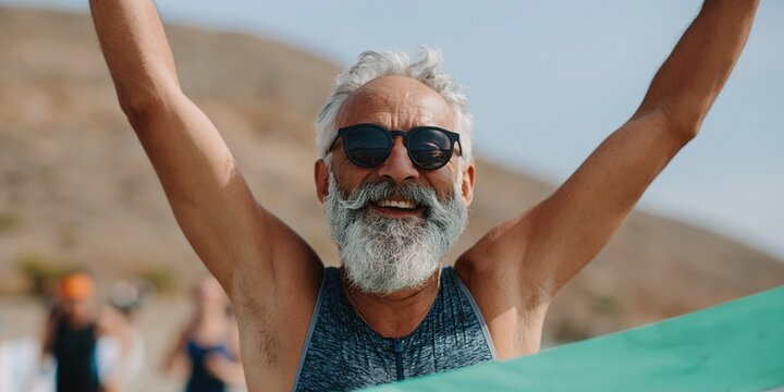 Senior man breaking tape at race finish line outdoors event