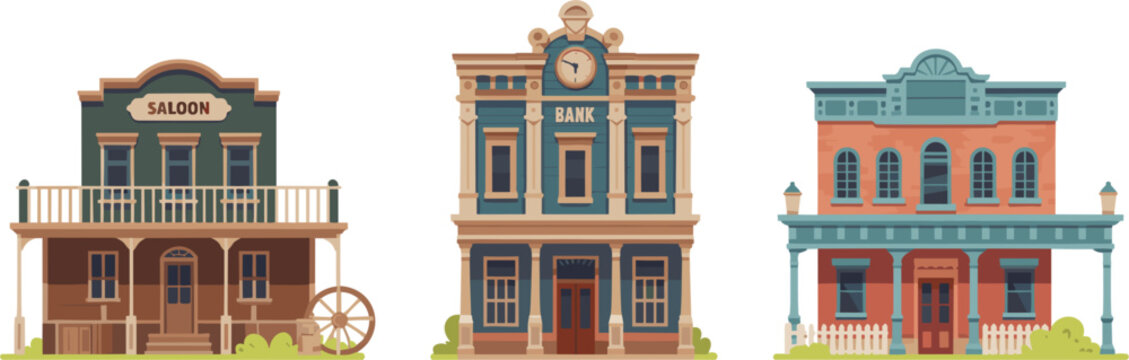 Wild west buildings set saloon bank and vintage storefronts flat vector illustration old town