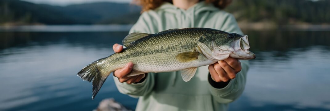 Young person holding largemouth bass over calm lake shoreline