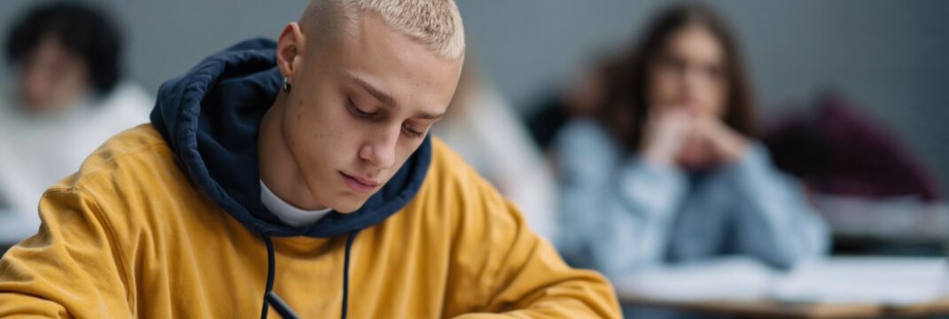 Student concentrating while writing in classroom exam setting