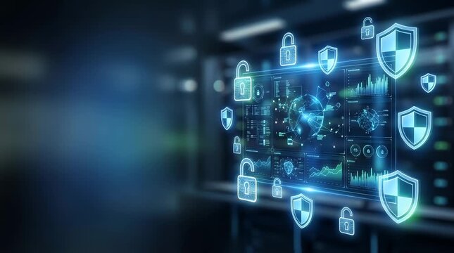 The scene opens in a dimly lit, high-tech environment showcasing a digital interface. A sleek holographic display emerges, revealing intricate data visualizations and glowing lock icons. The floating 
