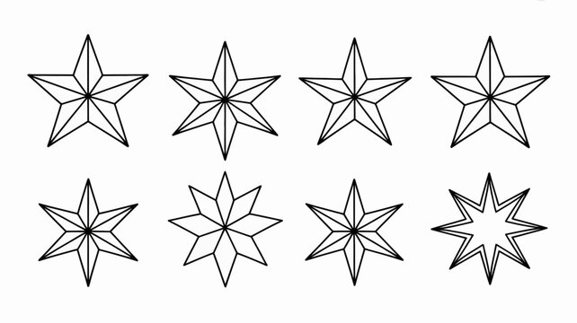 A collection of eight black and white star illustrations are displayed against a plain white background showcasing various point counts high quality professional detailed modern elegant