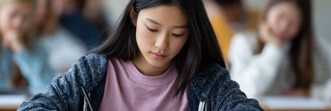 Teenage girl focused writing exam in classroom setting