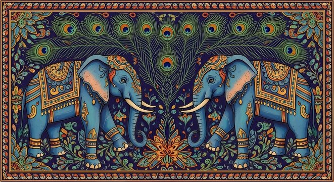 Ornate blue elephants stand facing each other surrounded by detailed traditional patterns and majestic peacock feathers to create a stunning piece of cultural artwork that highlights the beautiful