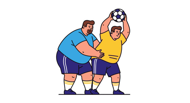 Two cartoon soccer players practicing a throw-in technique together.