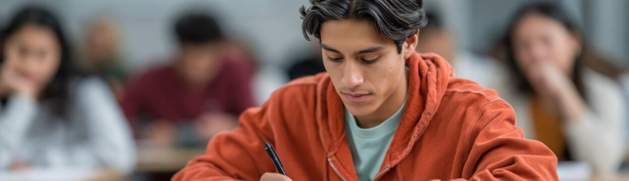 Male student concentrating while writing in classroom