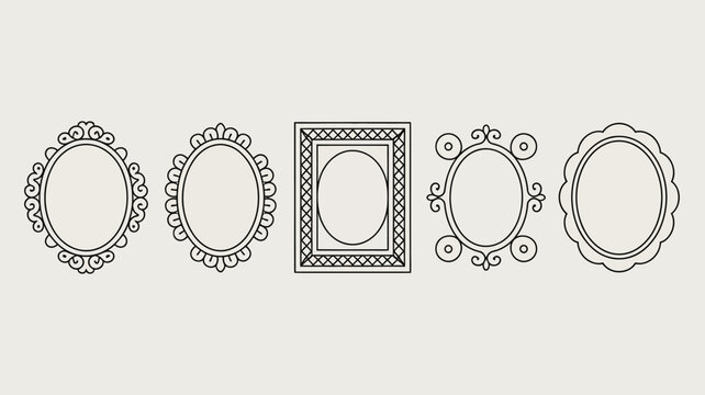 A collection of five ornate empty frame outlines is displayed against a neutral beige background showcasing various decorative styles high quality professional detailed modern elegant stylish