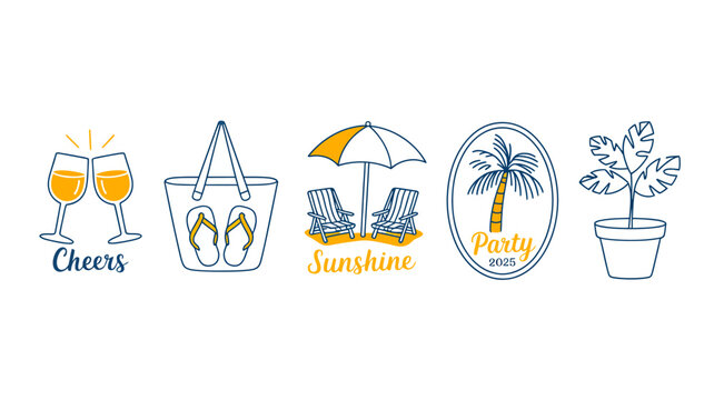 A colorful illustration depicts summer icons including drinks a beach bag umbrella palm tree and potted plant with party 2025 text high quality professional detailed modern