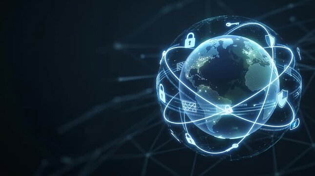 In a dark environment, a holographic globe slowly materializes, surrounded by glowing digital security icons representing protection and connectivity. The globe gently pulses as digital lines and part