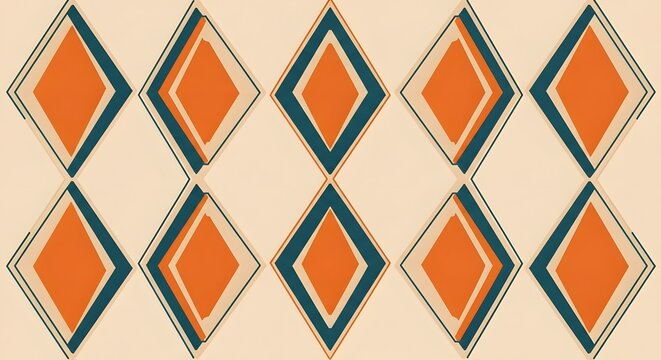 Abstract geometric seamless pattern featuring vibrant orange diamonds and dark teal borders layered on a soft cream background to create a sophisticated modern aesthetic suitable for various textile