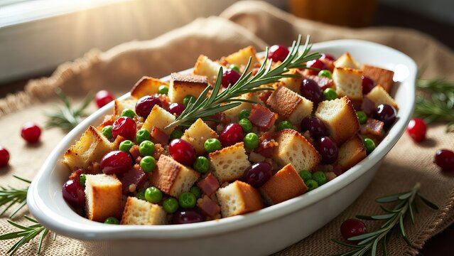 Savory bread stuffing mixed with fresh green peas and red cranberries in a white serving dish