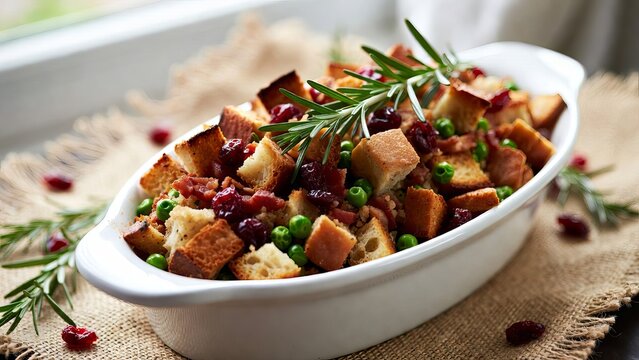 Delicious savory bread stuffing mixed with fresh cranberries green peas and aromatic rosemary for holiday dinner