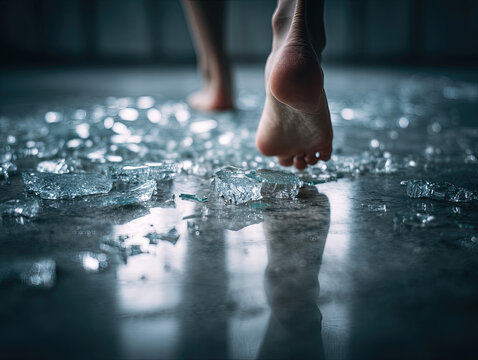 Close-up of bare feet walking carefully on shattered glass pieces, reflecting dramatic light, with a blurred background for emotional impact and storytelling.