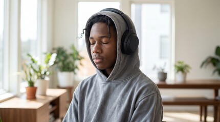 Naklejka premium Black teenager wearing headphones and hooded sweatshirt sitting indoors with eyes closed, calm and focused expression in bright modern living space