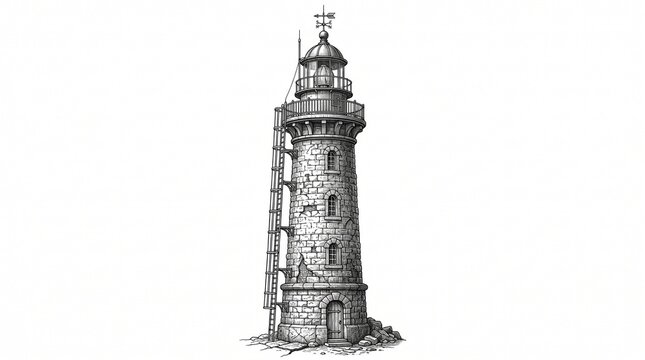 Classic Stone Lighthouse Guiding the Way in Black and White Silhouette