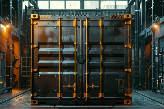 Closed metal cargo container with safety locks standing on loading dock inside futuristic hangar