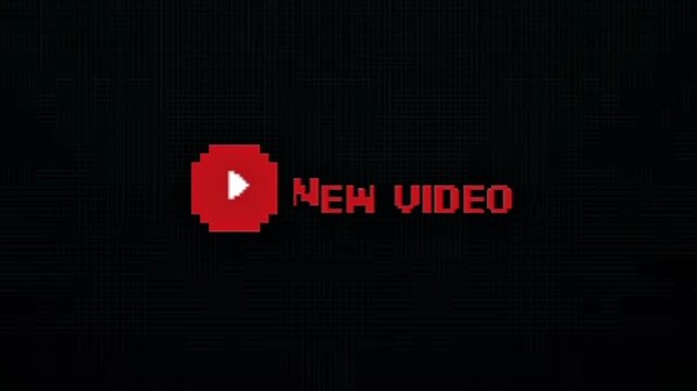 Dynamic pixelated graphic featuring a vibrant red play button icon accompanied by 'NEW VIDEO' text, rendered in a retro digital aesthetic on a dark