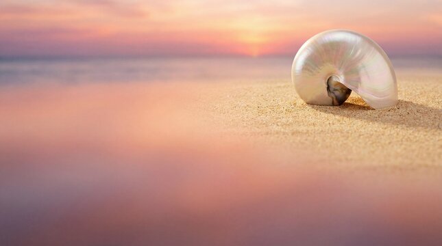 Nautilus shell on sandy shore at golden sunset with blurred sea background