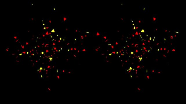Dynamic Explosion of Red and Yellow Geometric Confetti Particles Bursting from Two Sides. Abstract Celebration Background on Black for Birthday, Parties, and Victory Events. 4K Motion Graphics.